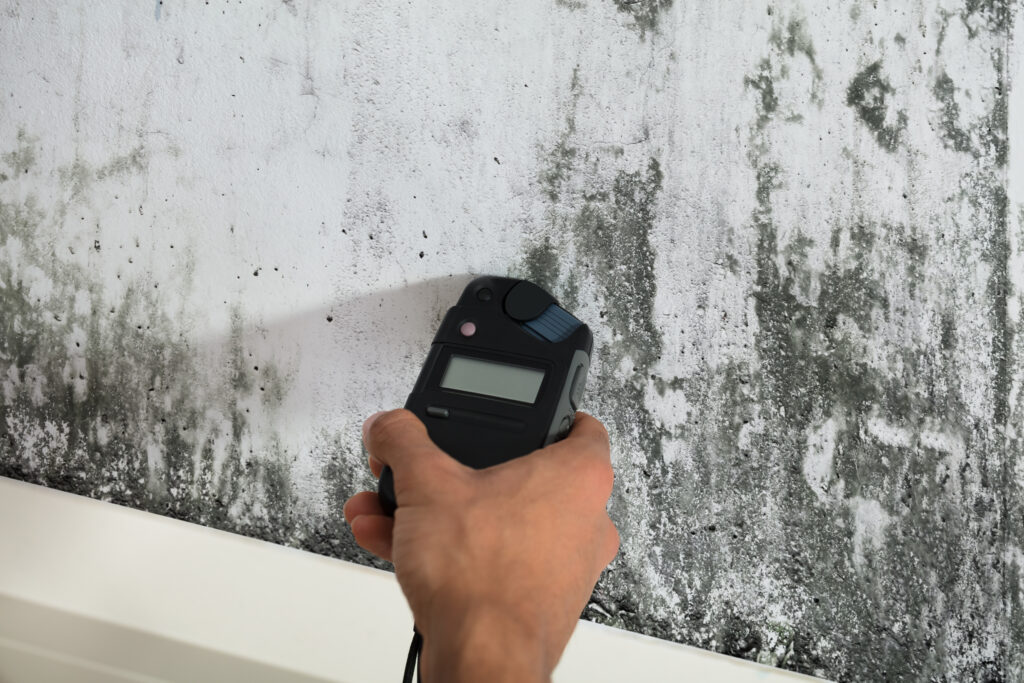 Technician checking wall moisture levels during mold inspection in a Tennessee home.