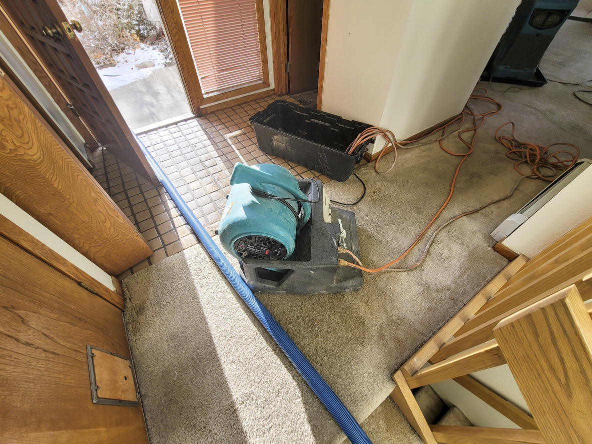 Teal air mover and restoration drying equipment set up on carpet in a home entryway, with a blue hose and extension cords running across the floor